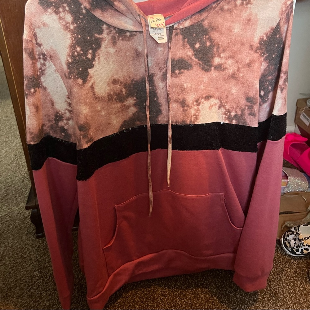 Boutique brand- mauve hoodie with dark tie dye and black sequins.
